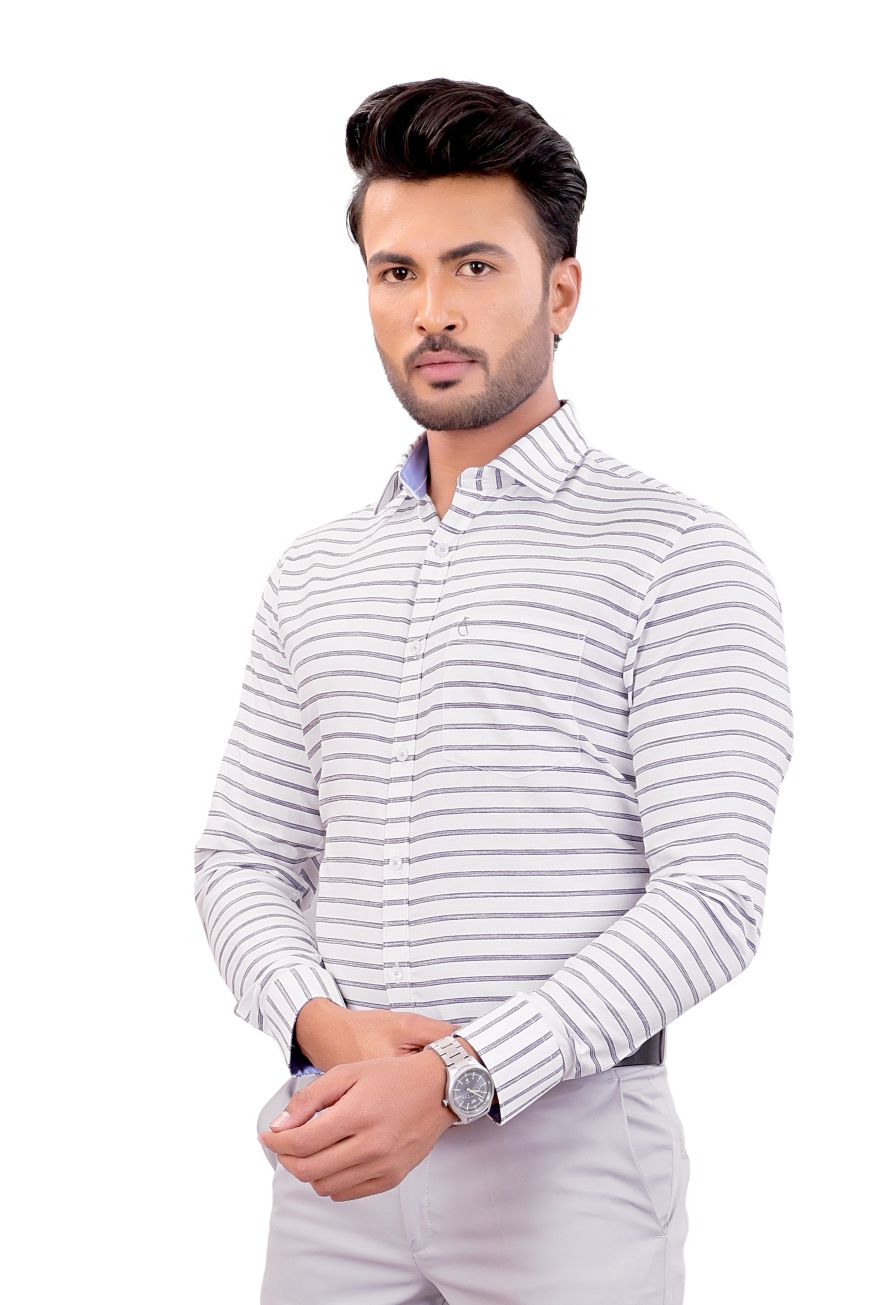 WHITE CROSS STRIPE SLIM FIT FULL SLEEVES SHIRT