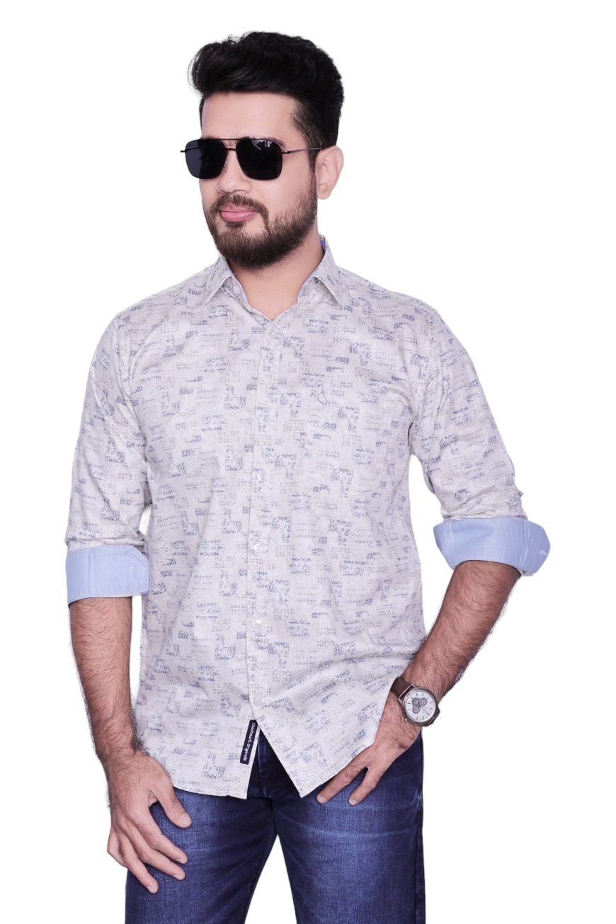 LIGHT BEIGE PRINTED SLIM FIT FULL SLEEVES SHIRT