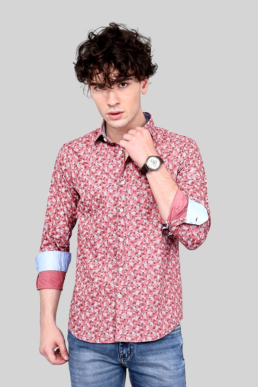 RED PRINTED SLIM FIT FULL SLEEVES SHIRT