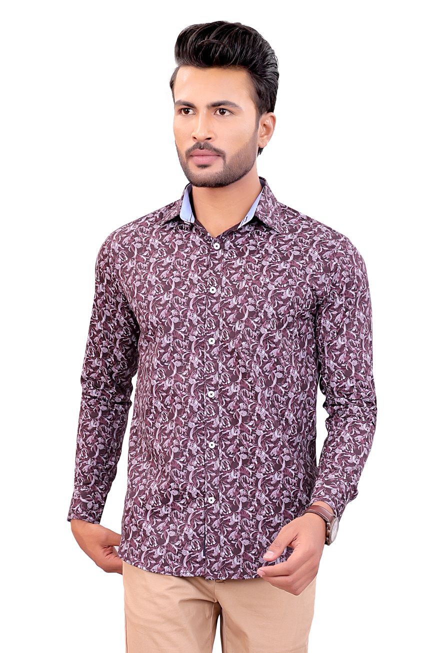 MAROON PETALS PRINTED SLIM FIT FULL SLEEVES SHIRT