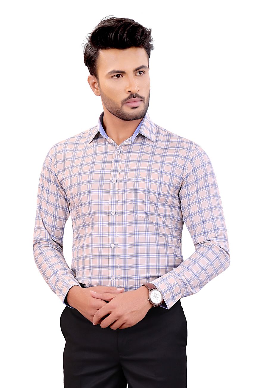 PEACH CHECKED SLIM FIT FULL SLEEVES SHIRT