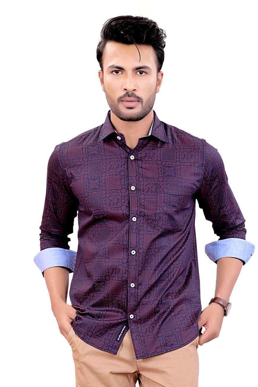 MAROON PRINTED SLIM FIT FULL SLEEVES SHIRT