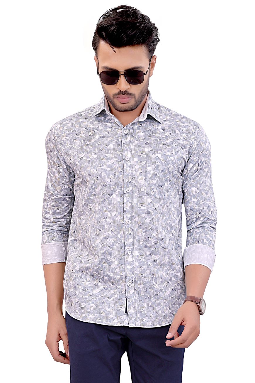 LIGHT GREY PRINTED SLIM FIT FULL SLEEVES SHIRT