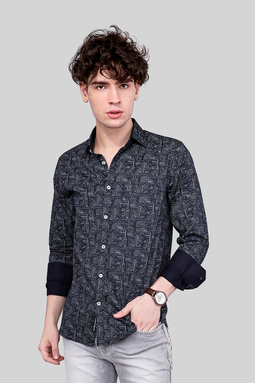 NEVY BLUE PRINTED SLIM FIT FULL SLEEVES SHIRT