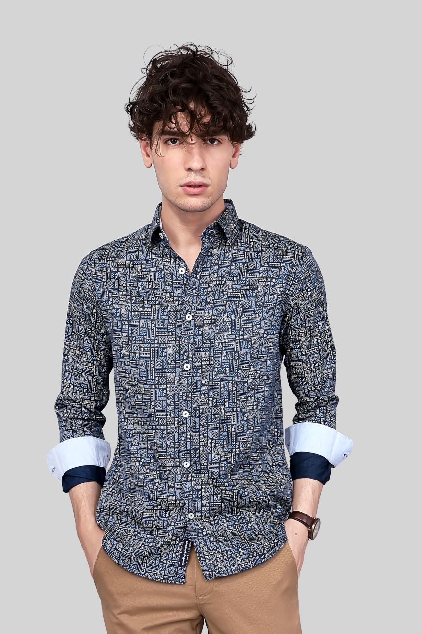 NAVY BLUE PRINTED SLIM FIT FULL SLEEVES SHIRT-1