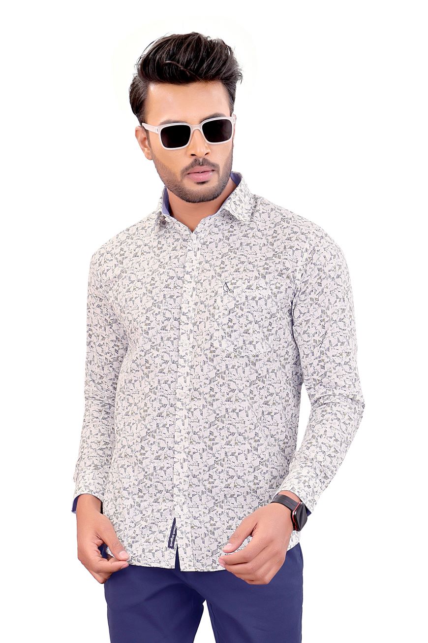 WHITE PRINTED SLIM FIT FULL SLEEVES SHIRT