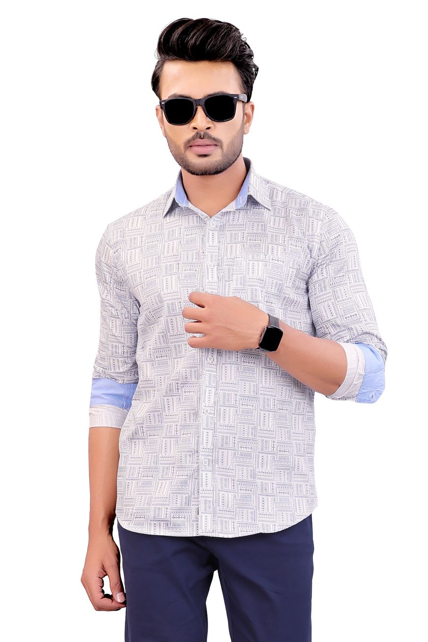 WHITE PRINTED SLIM FIT FULL SLEEVES SHIRT