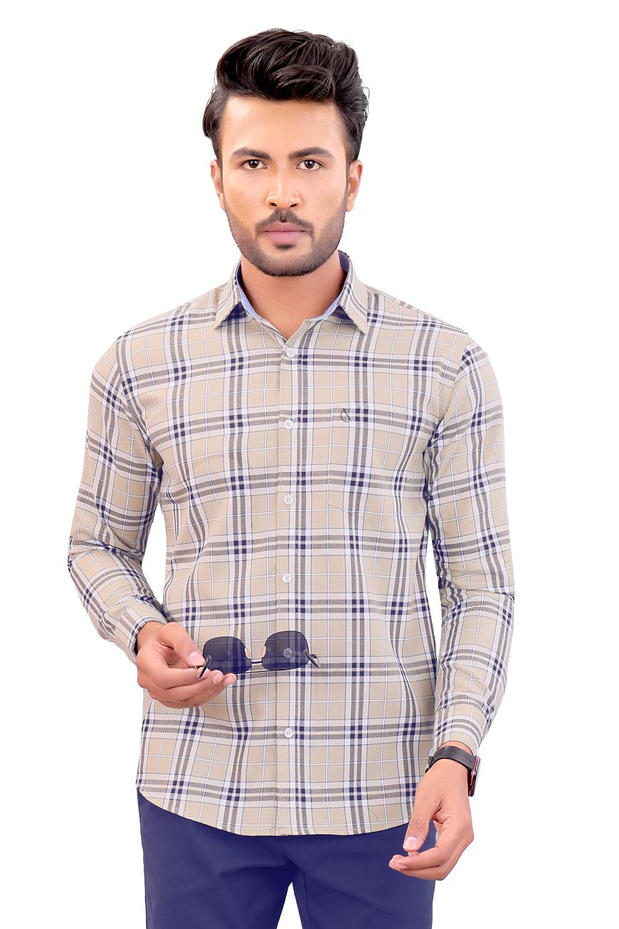 BEIGE CHECKED SLIM FIT FULL SLEEVES SHIRT