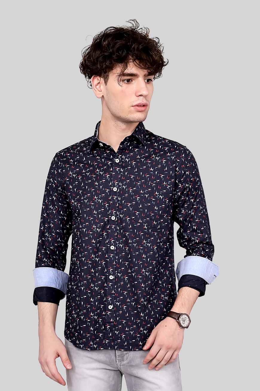 DEEP BLUE PRINTED SLIM FIT FULL SLEEVES SHIRT