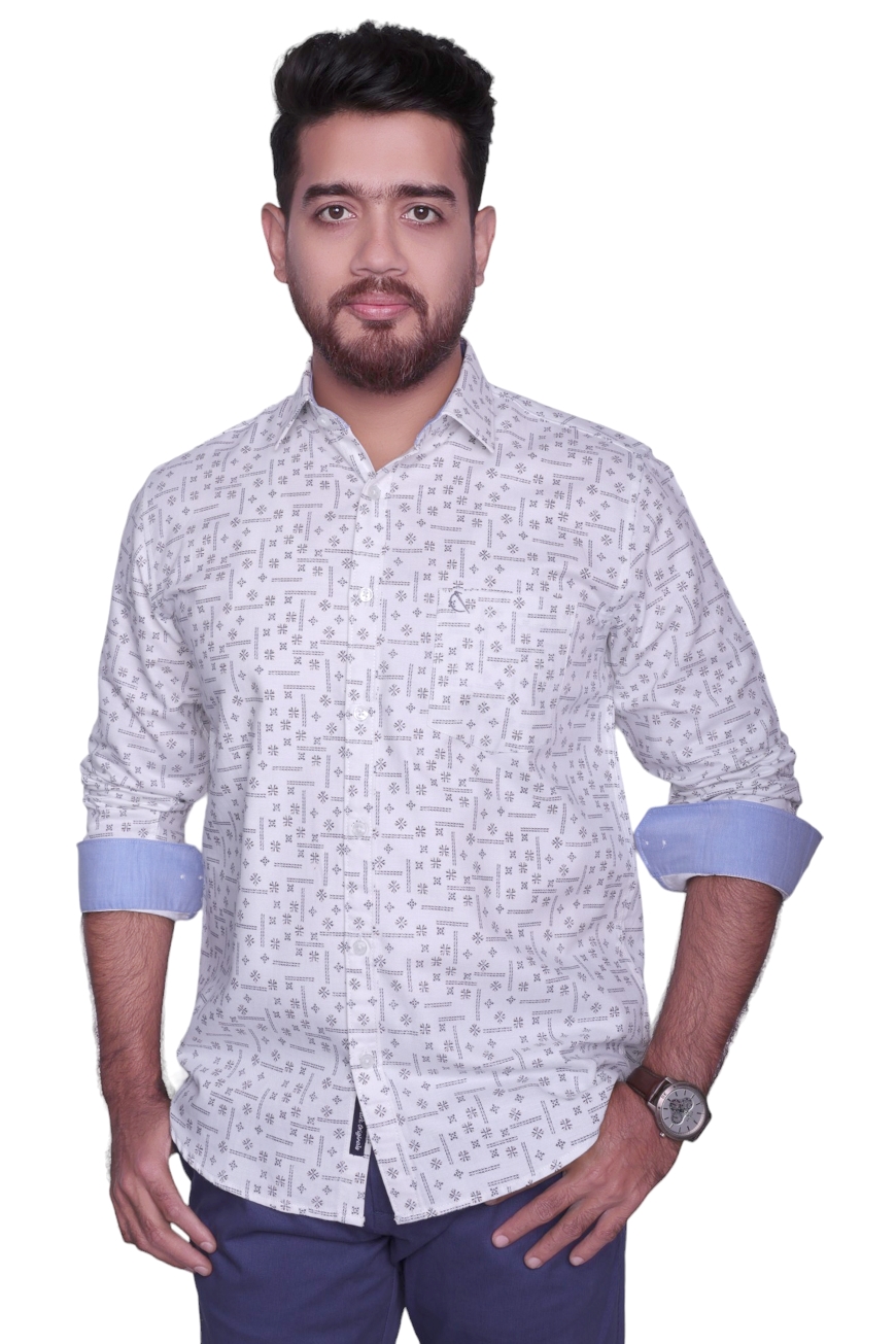 WHITE PRINTED SLIM FIT FULL SLEEVES SHIRT