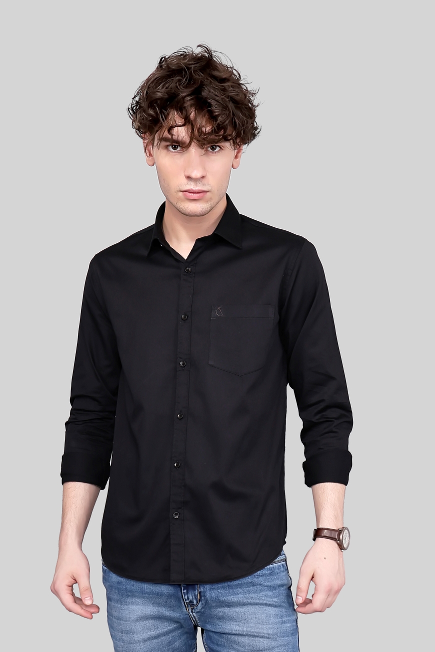 BLACK SATIN SLIM FIT FULL SLEEVES SHIRT