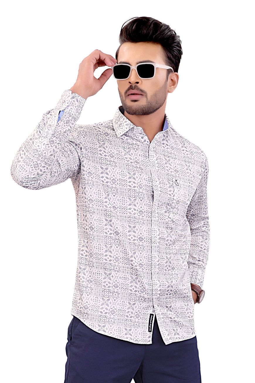 WHITE BLACK PRINTED SLIM FIT FULL SLEEVES SHIRT