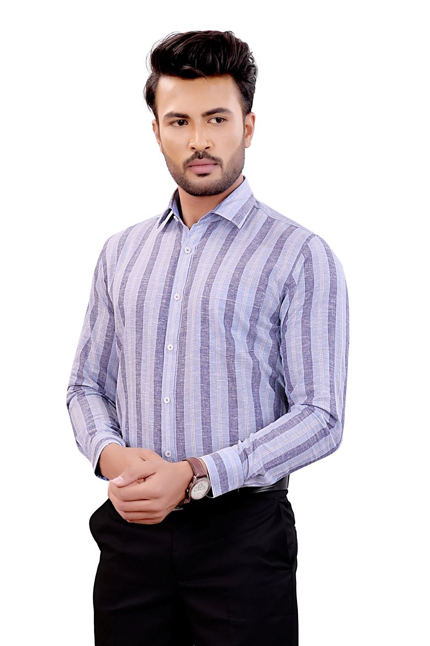 BLUE LINEN STRIPE SLIM FIT FULL SLEEVES SHIRT