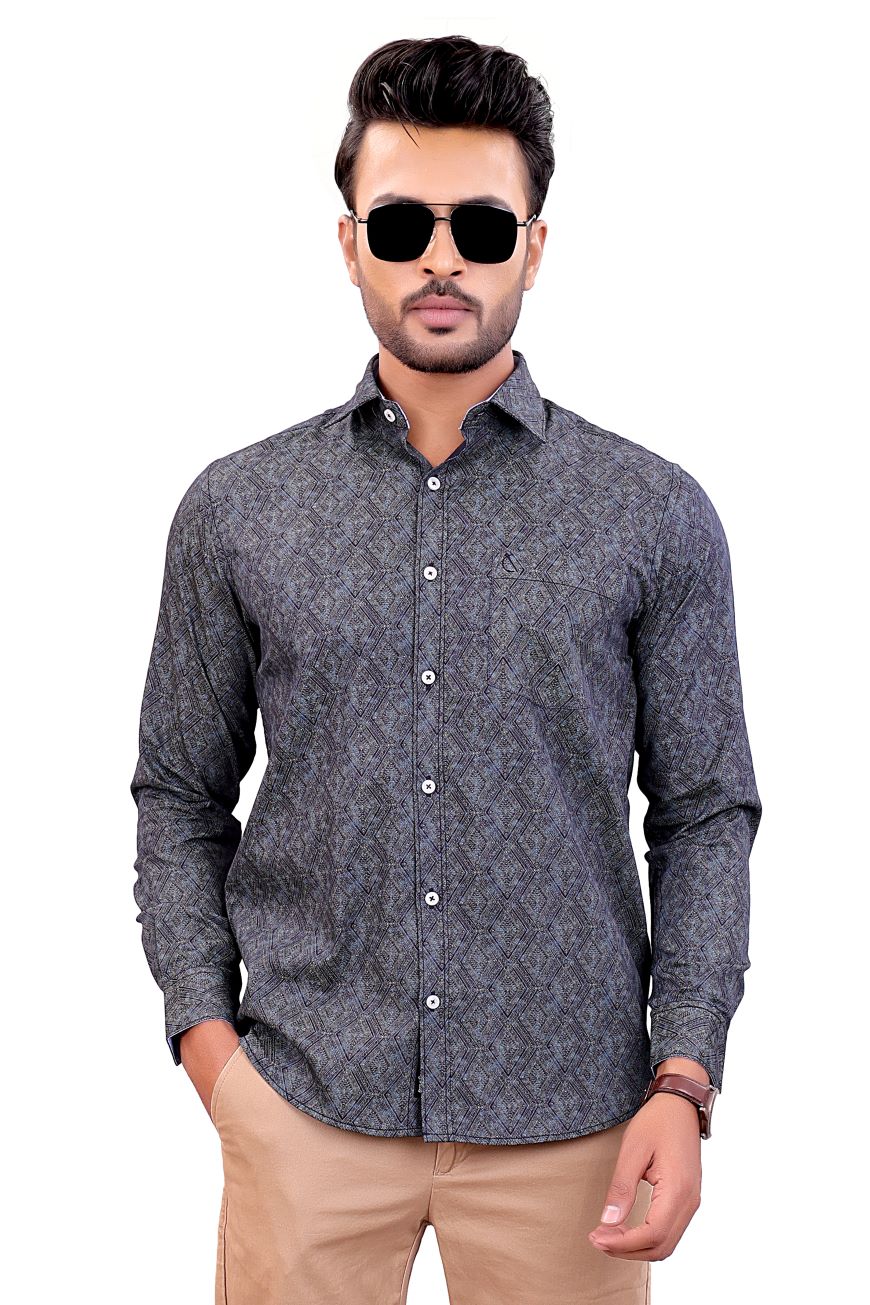 NAVY BLUE ABSTRACT PRINTED SLIM FIT FULL SLEEVES SHIRT