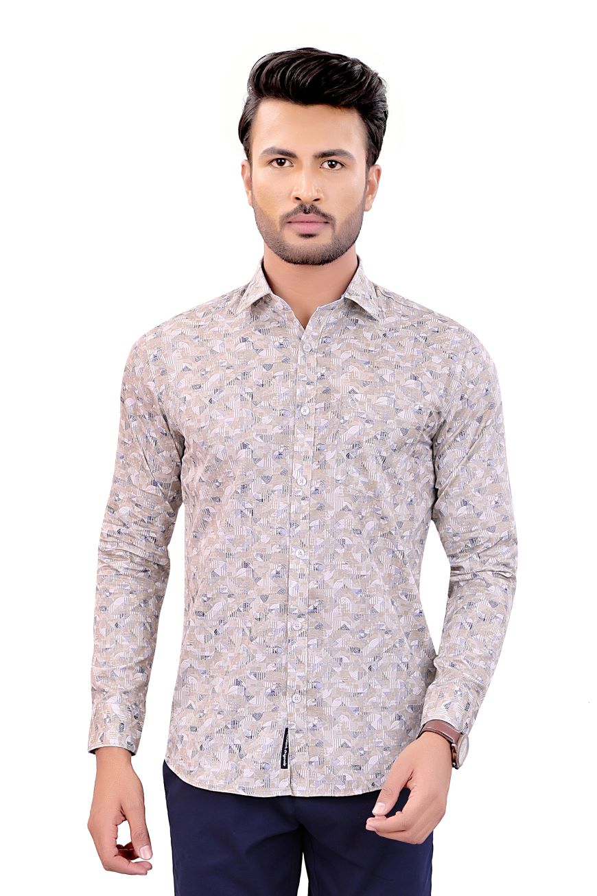 BEIGE PETAL PRINTED SLIM FIT FULL SLEEVES SHIRT