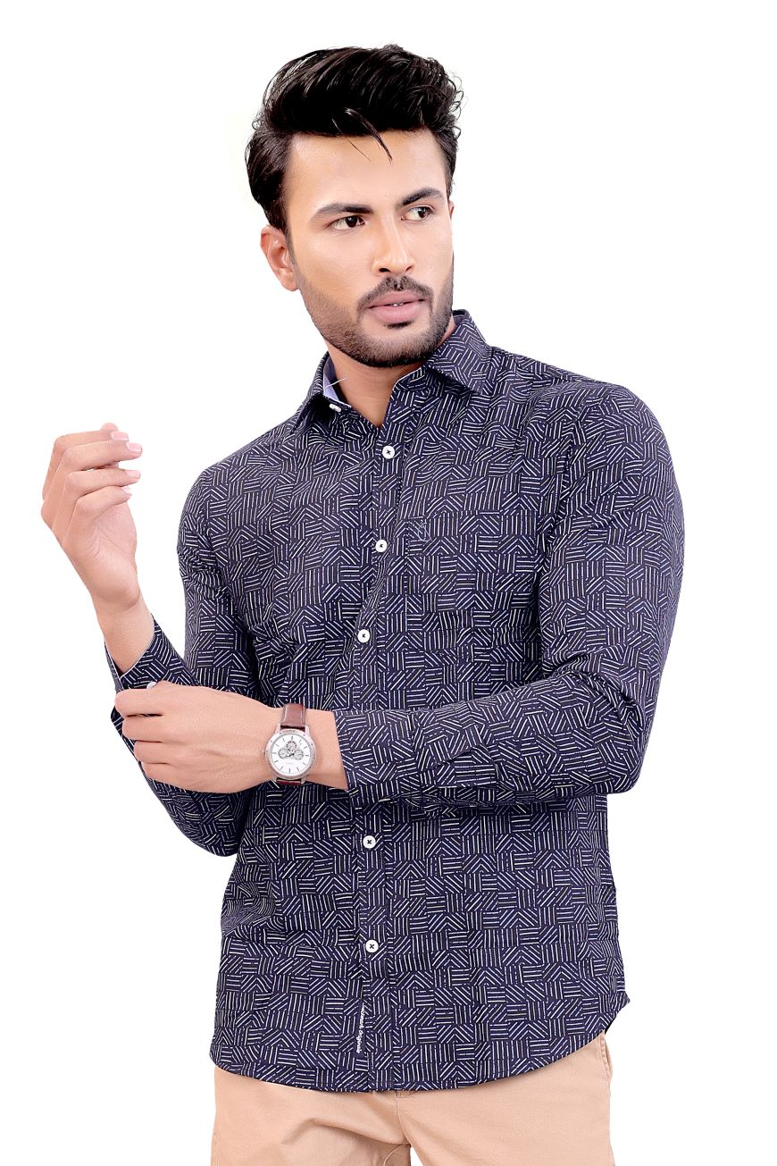 NAVY BLUE ABSTRACT PRINTED SLIM FIT FULL SLEEVES SHIRT