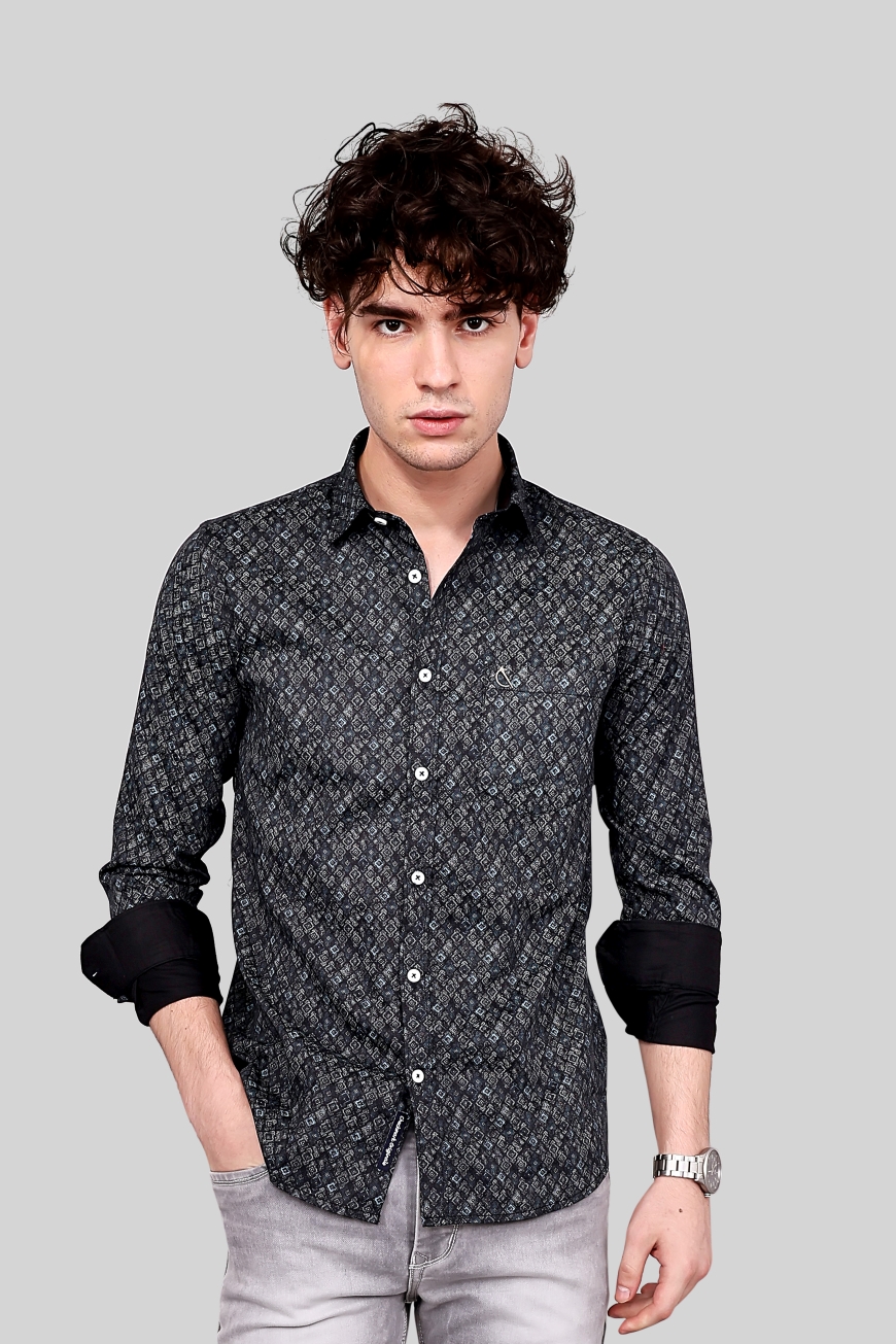 BLACK PRINTED SLIM FIT FULL SLEEVES SHIRT