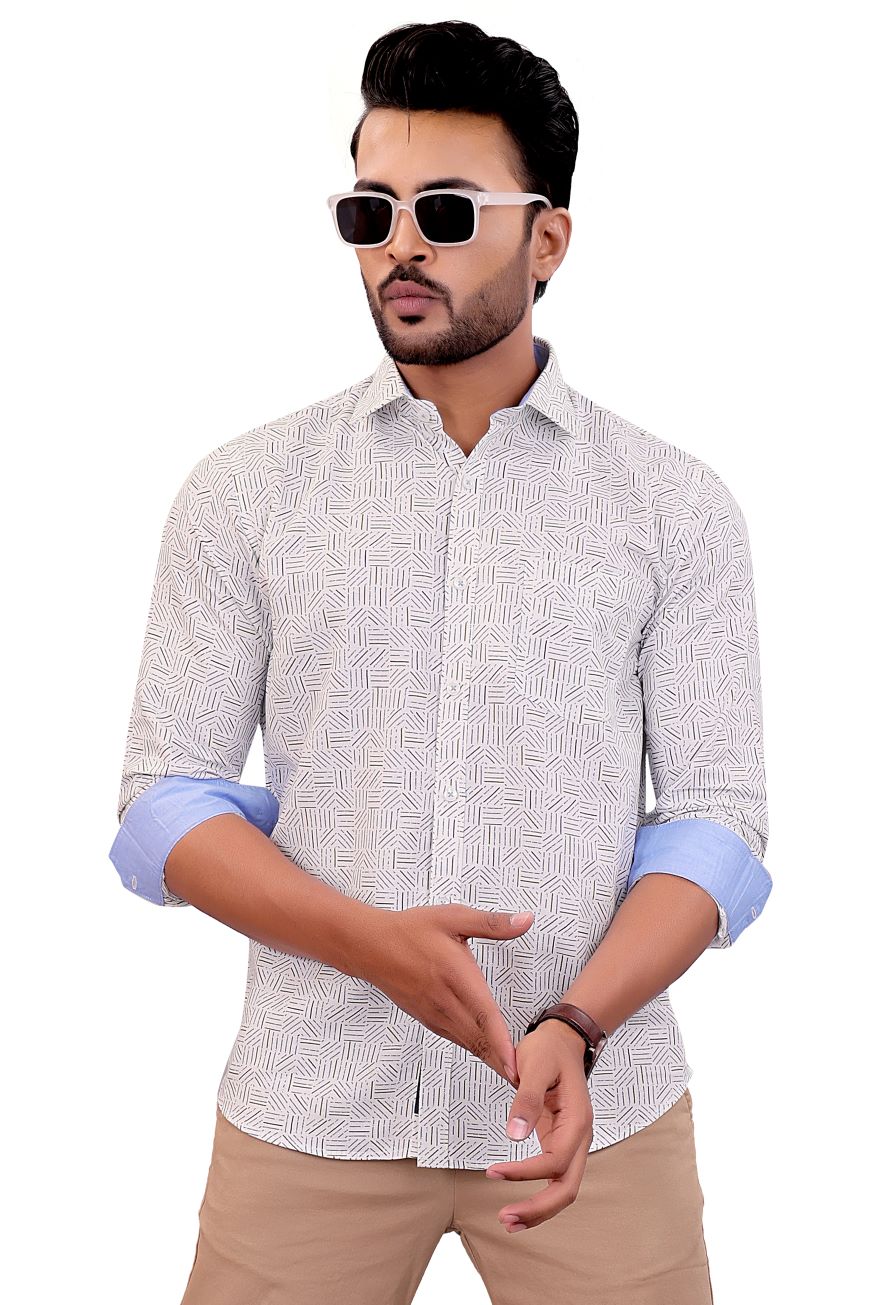 WHITE ABSTRACT PRINTED SLIM FIT FULL SLEEVES SHIRT