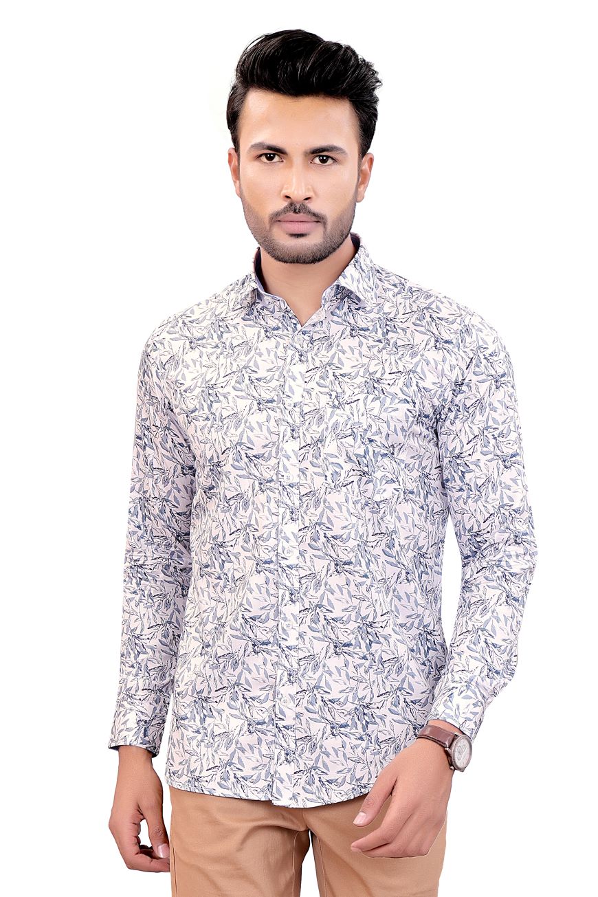 LEAF PRINTED WHITE SLIM FIT FULL SLEEVES SHIRT