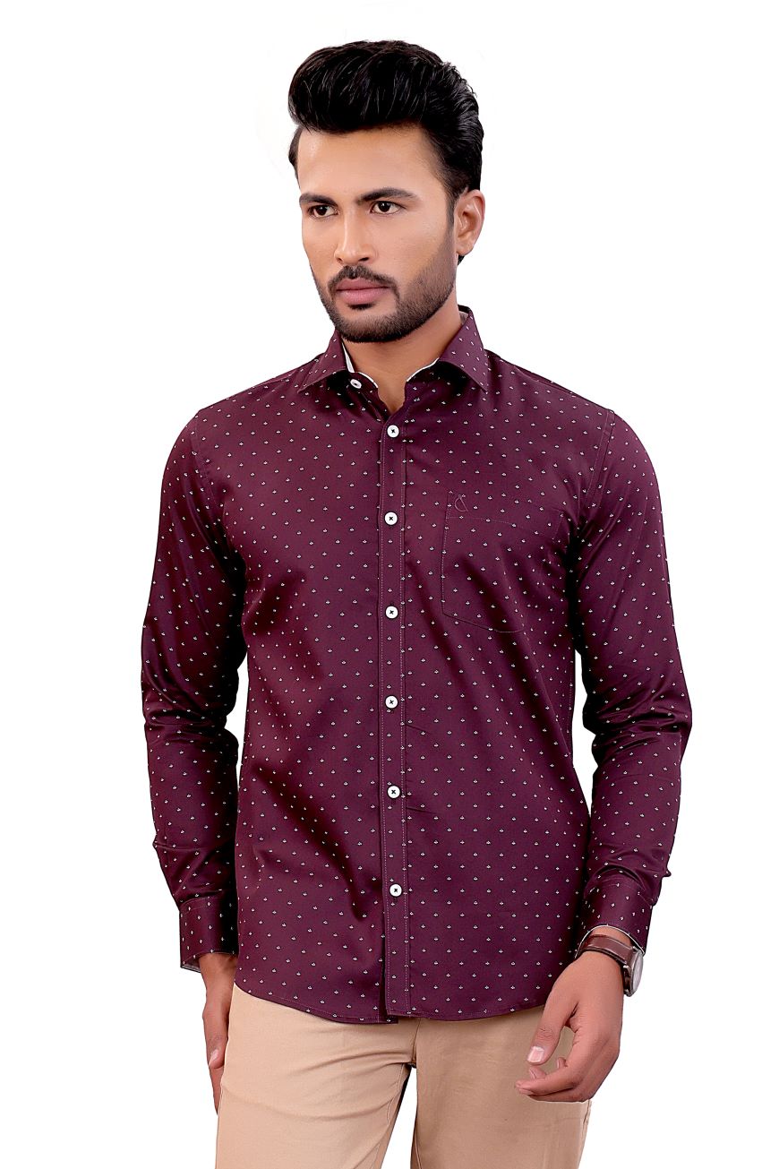 MAROON PRINTED SLIM FIT FULL SLEEVES SHIRT