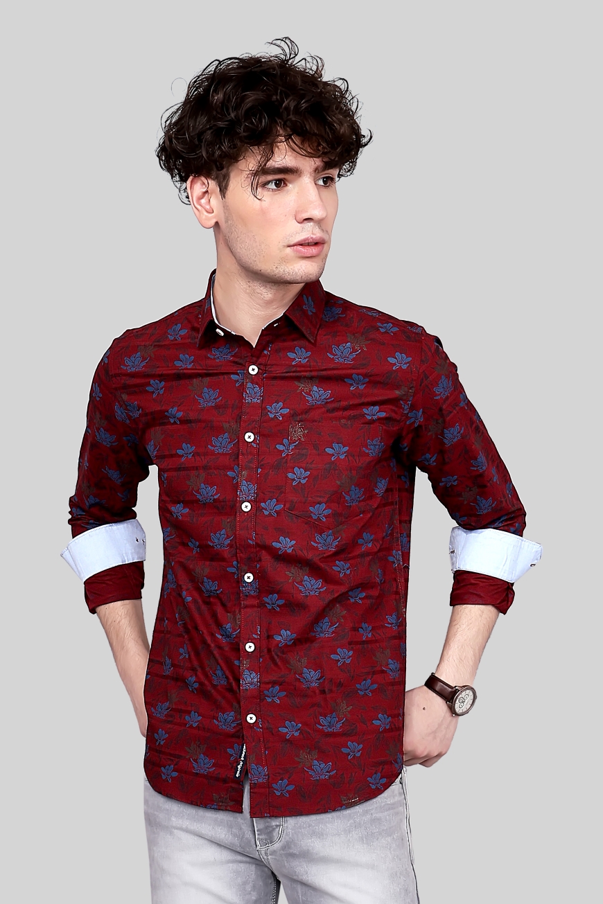 RED PRINTED SLIM FIT FULL SLEEVES SHIRT