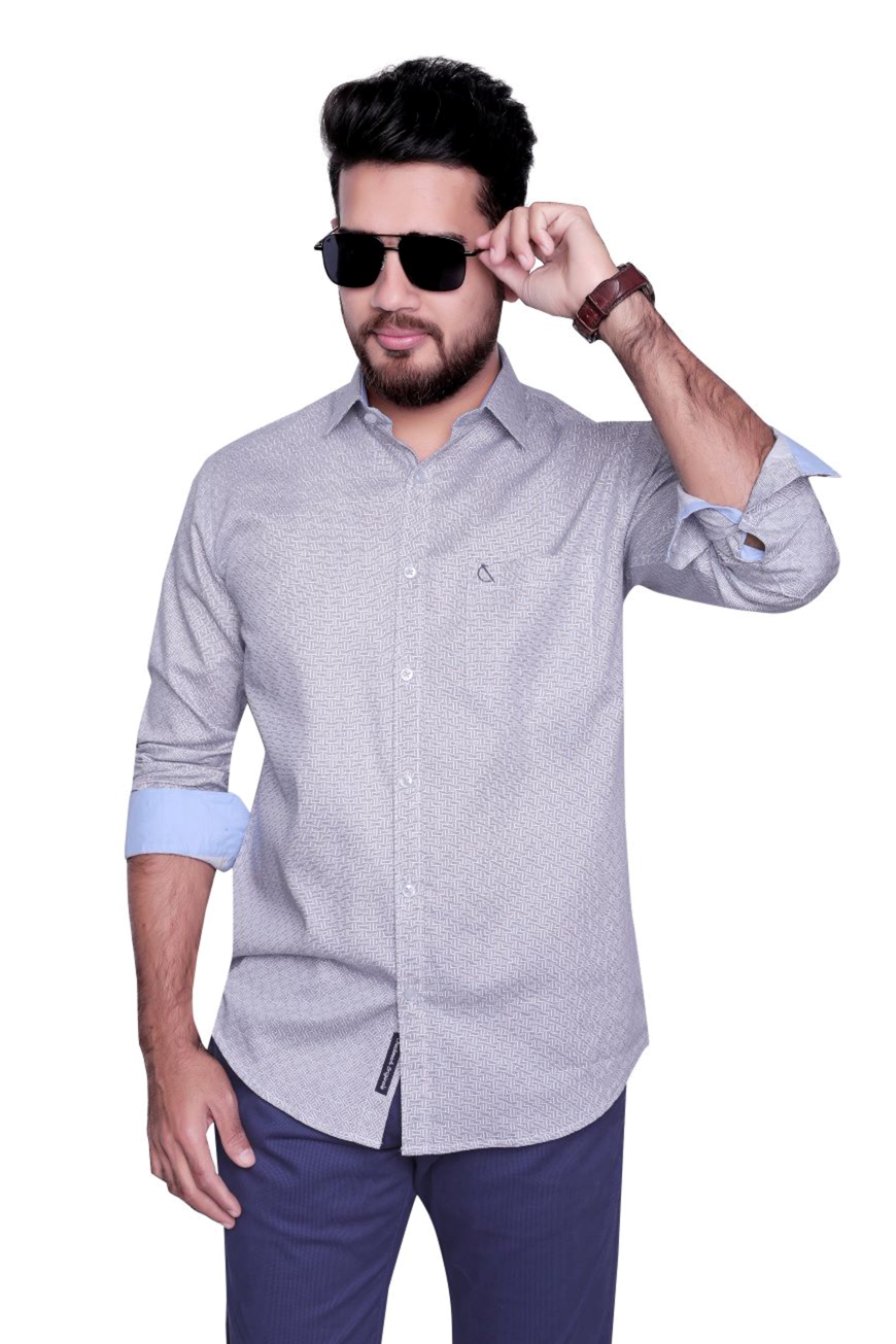 GREY WHITE PRINTED SLIM FIT FULL SLEEVES SHIRT