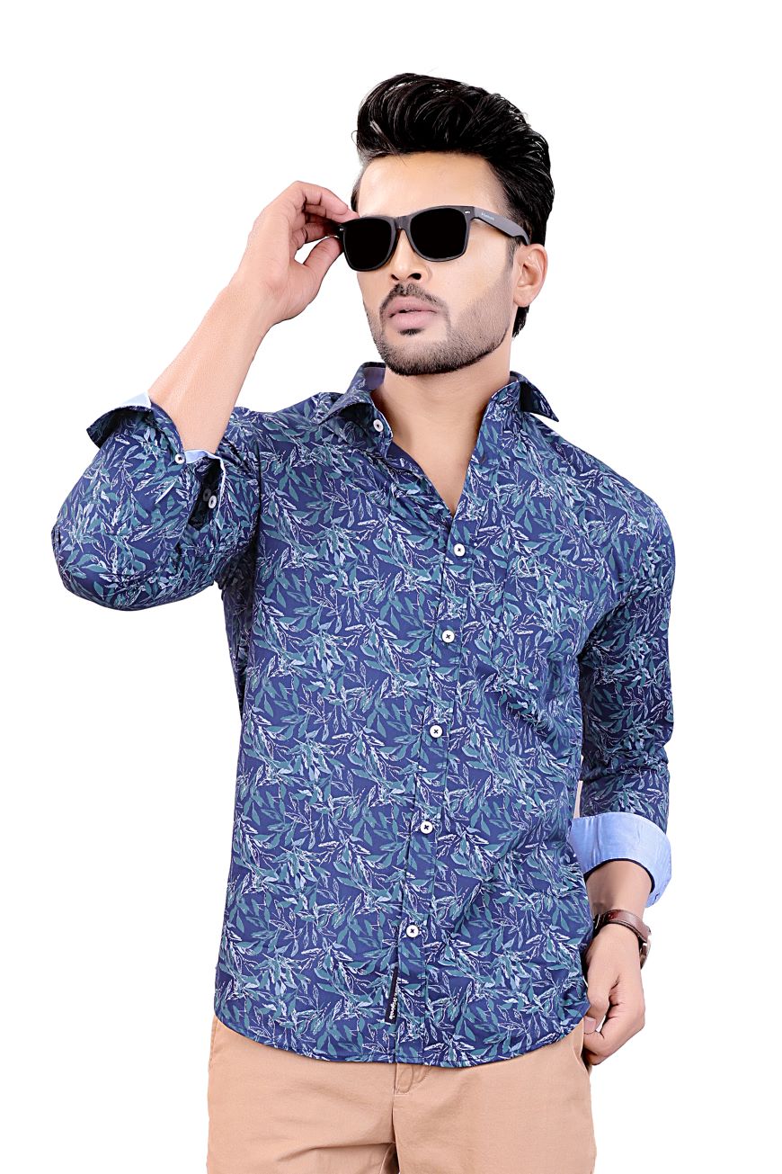 NAVY BLUE LEAF PRINTED SLIM FIT FULL SLEEVES SHIRT