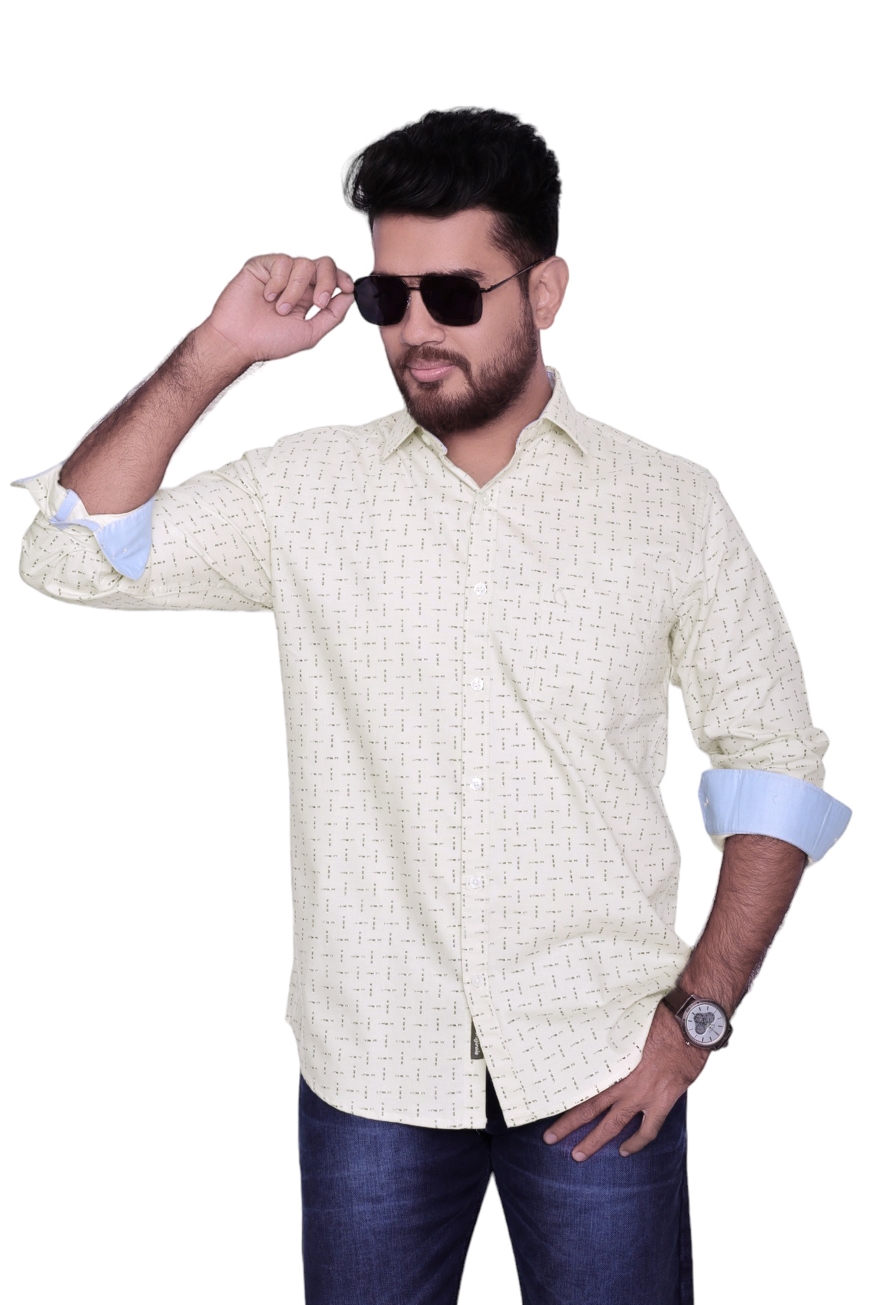 BEIGE PRINTED SLIM FIT FULL SLEEVES SHIRT