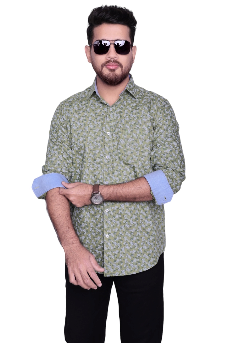 GREEN PRINTED SLIM FIT FULL SLEEVES SHIRT