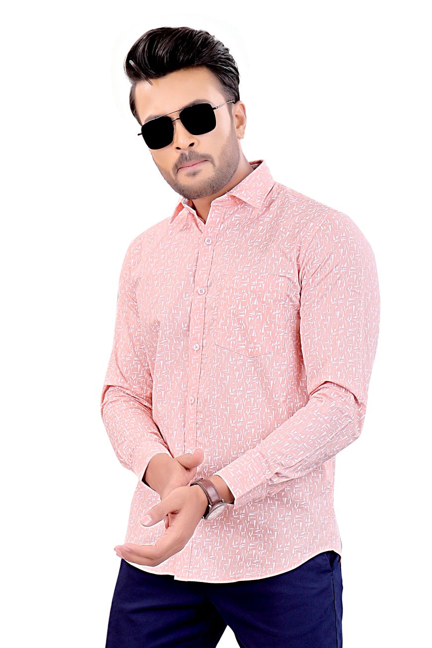 PEACH PRINTED SLIM FIT FULL SLEEVES SHIRT