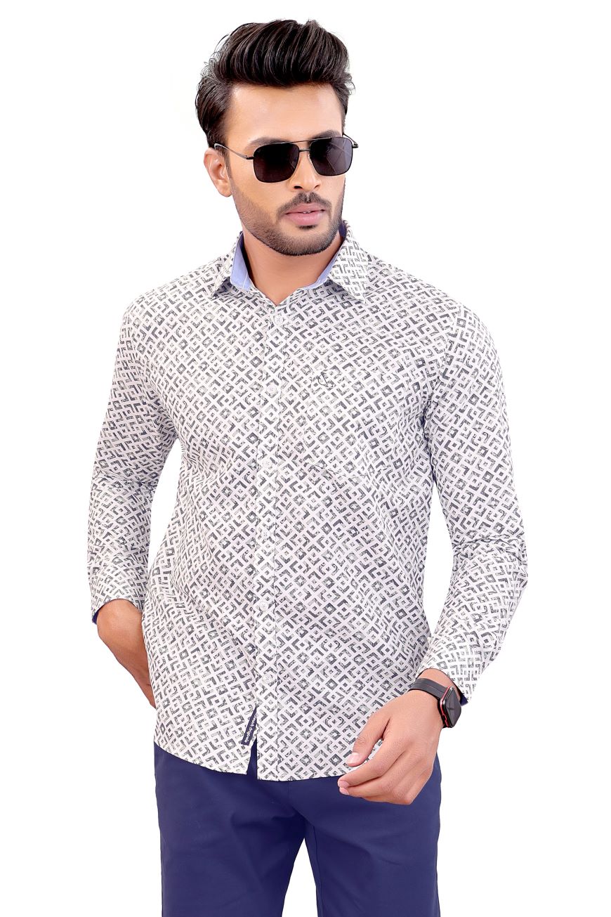 WHITE PETAL PRINTED SLIM FIT FULL SLEEVES SHIRT