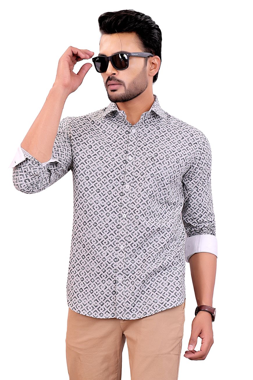 GREY PETAL PRINTED SLIM FIT FULL SLEEVES SHIRT