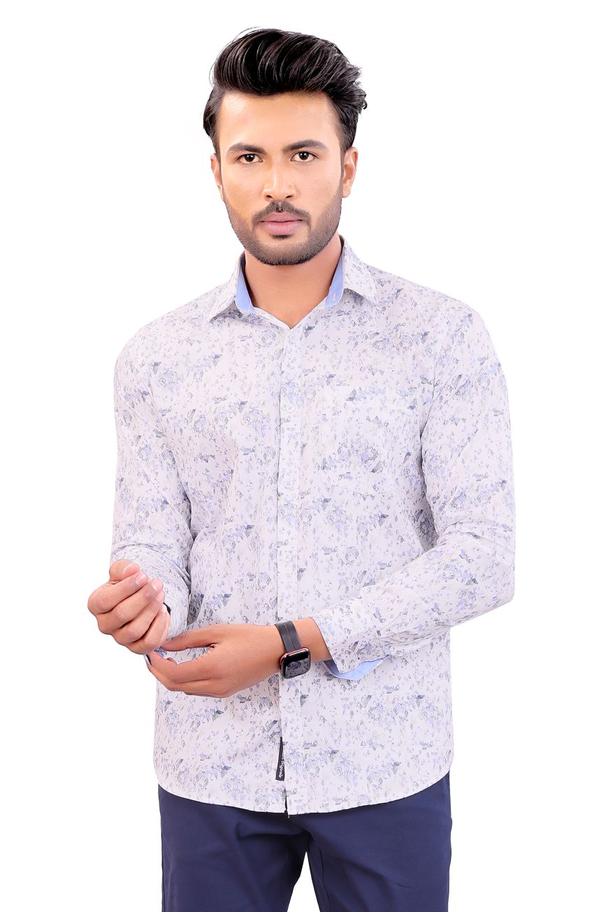 WHITE BLUE PRINTED SLIM FIT FULL SLEEVES SHIRT