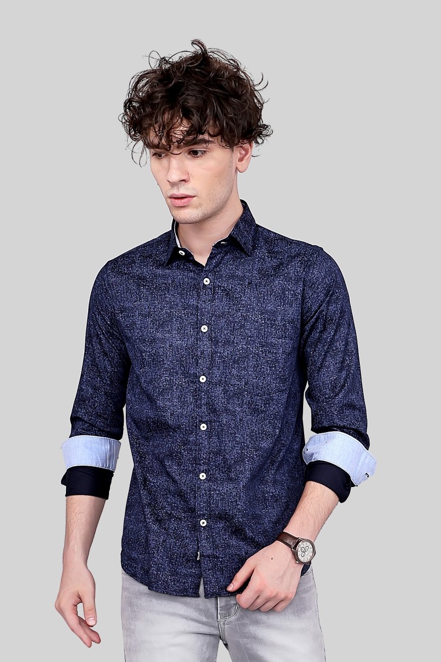 NEVY BLUE PRINTED SLIM FIT FULL SLEEVES SHIRT