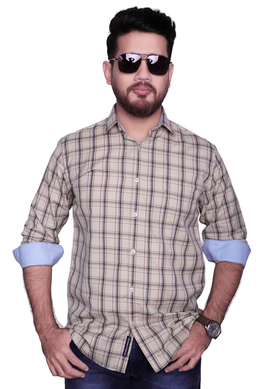 BEIGE SLIM FIT CHECKED FULL SLEEVES SHIRT-1