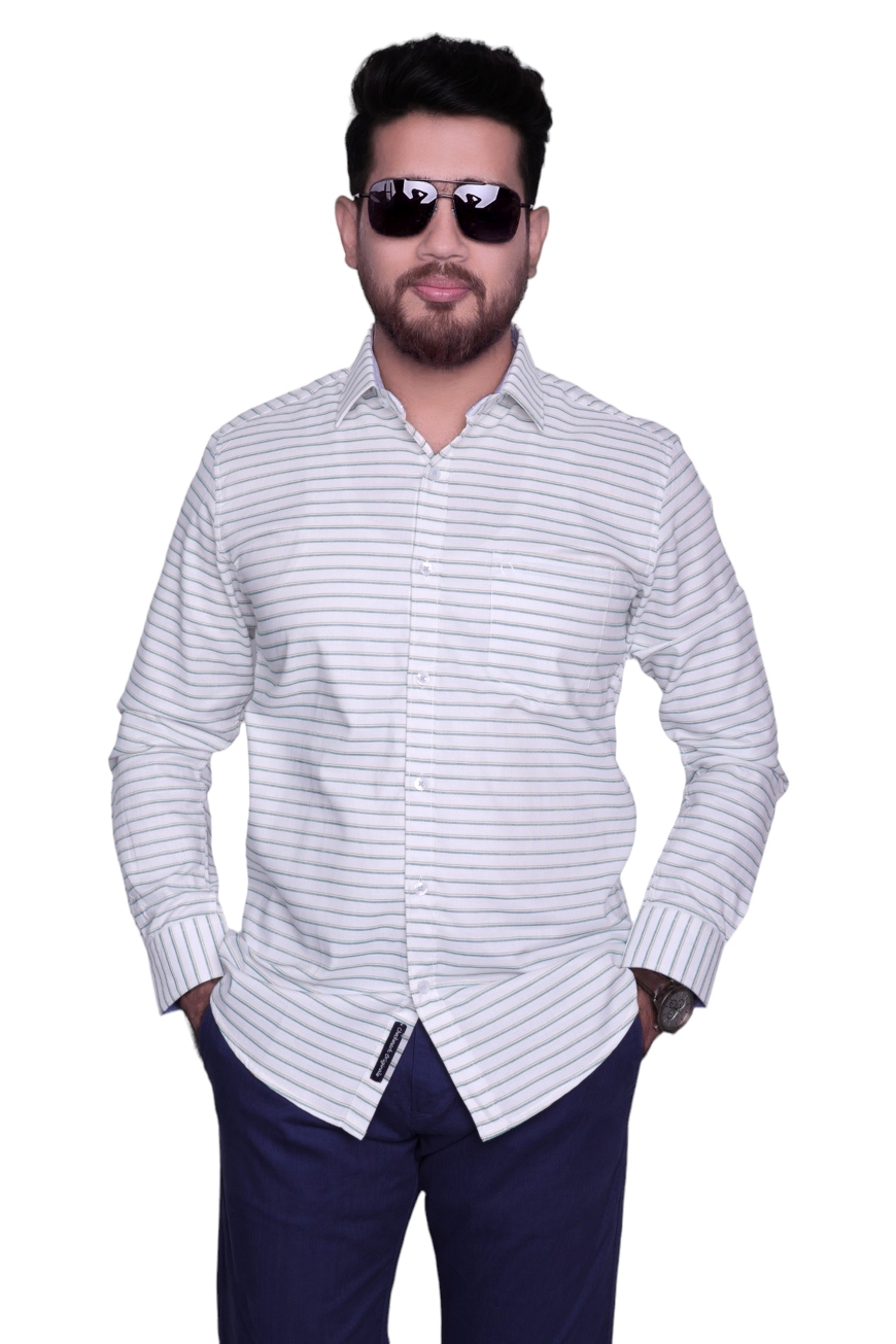 GREEN WHITE STRIPE SLIM FIT FULL SLEEVES SHIRT