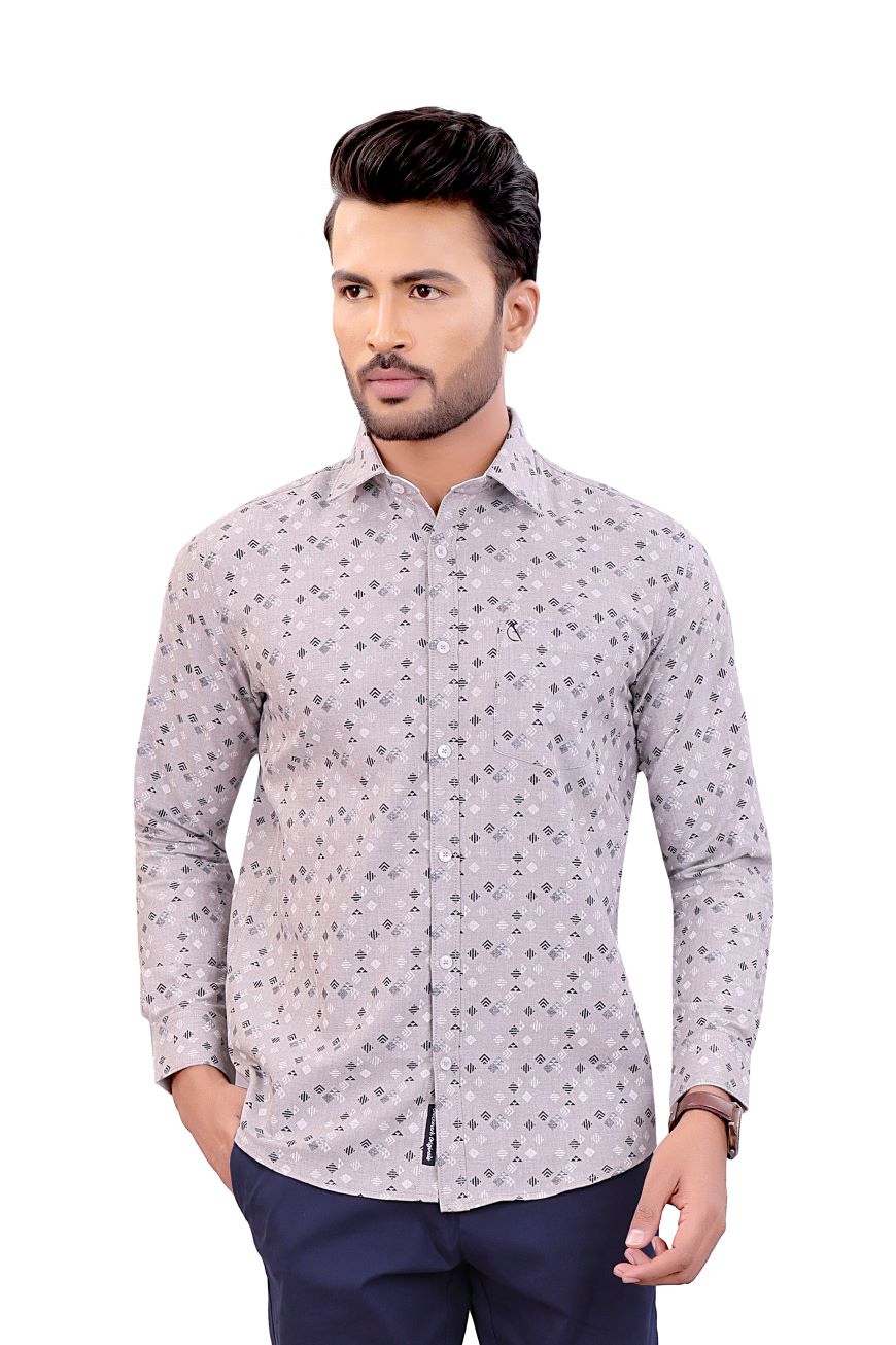 GREY PRINTED SLIM FIT FULL SLEEVES SHIRT