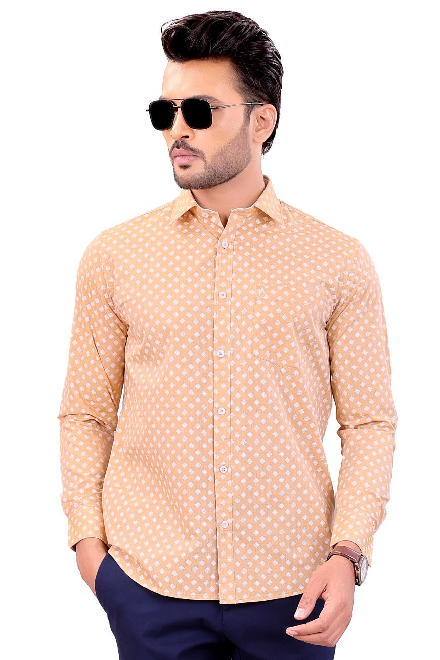 BEIGE PETALS PRINTED SLIM FIT FULL SLEEVES SHIRT