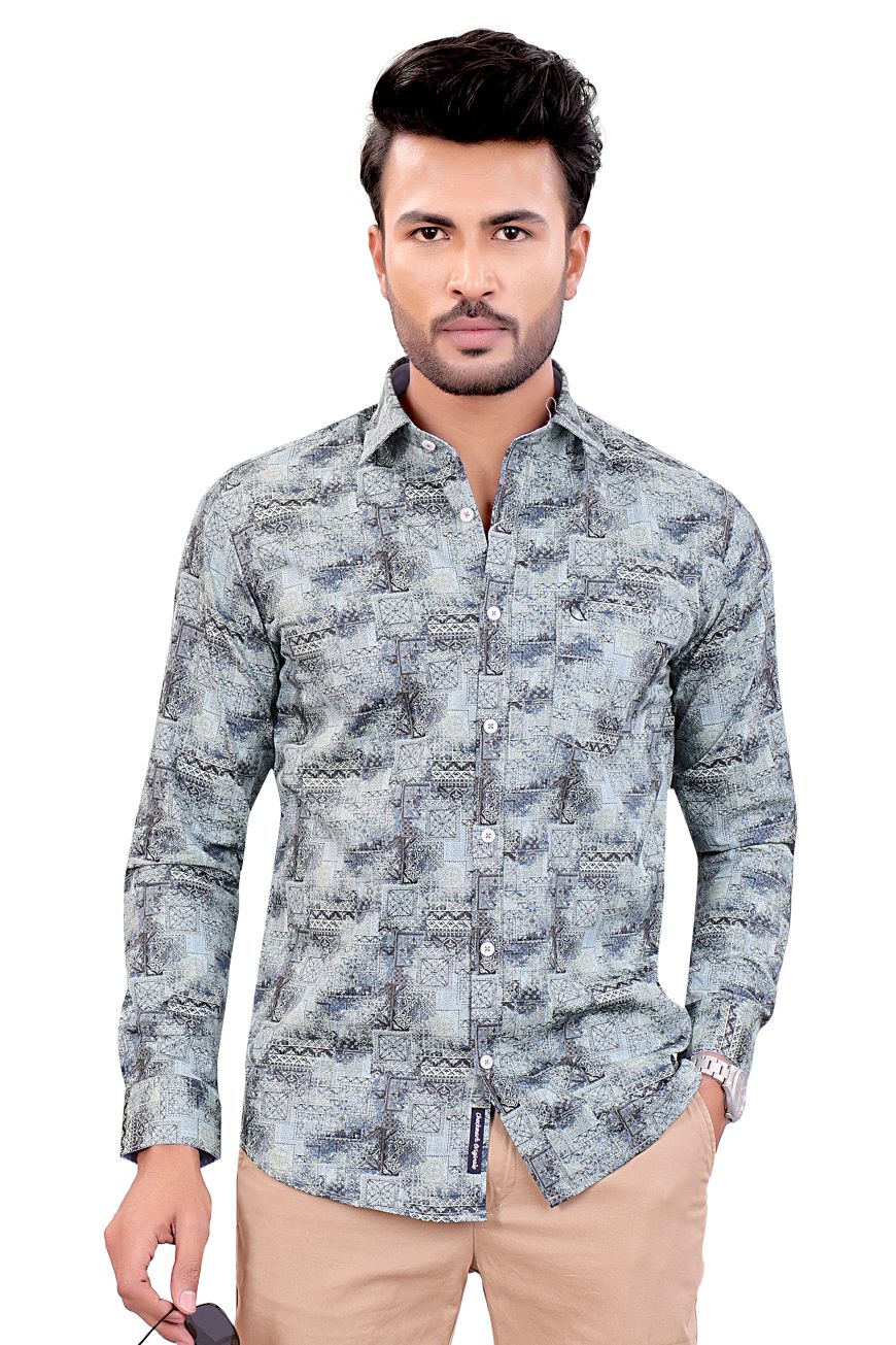 LIGHT GREEN ABSTRACT PRINTED SLIM FIT FULL SLEEVES SHIRT