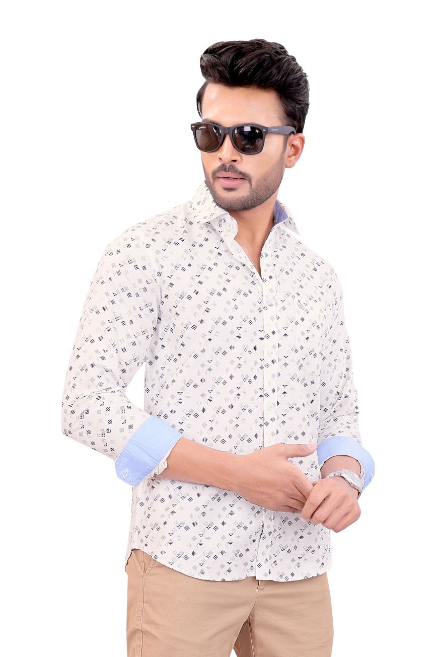 WHITE PRINTED SLIM FIT FULL SLEEVES SHIRT