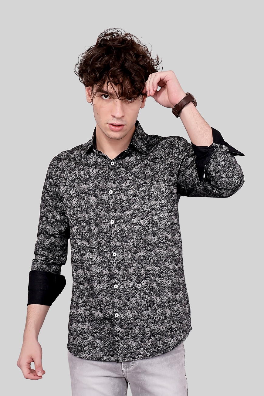 BLACK PRINTED SLIM FIT FULL SLEEVES SHIRT