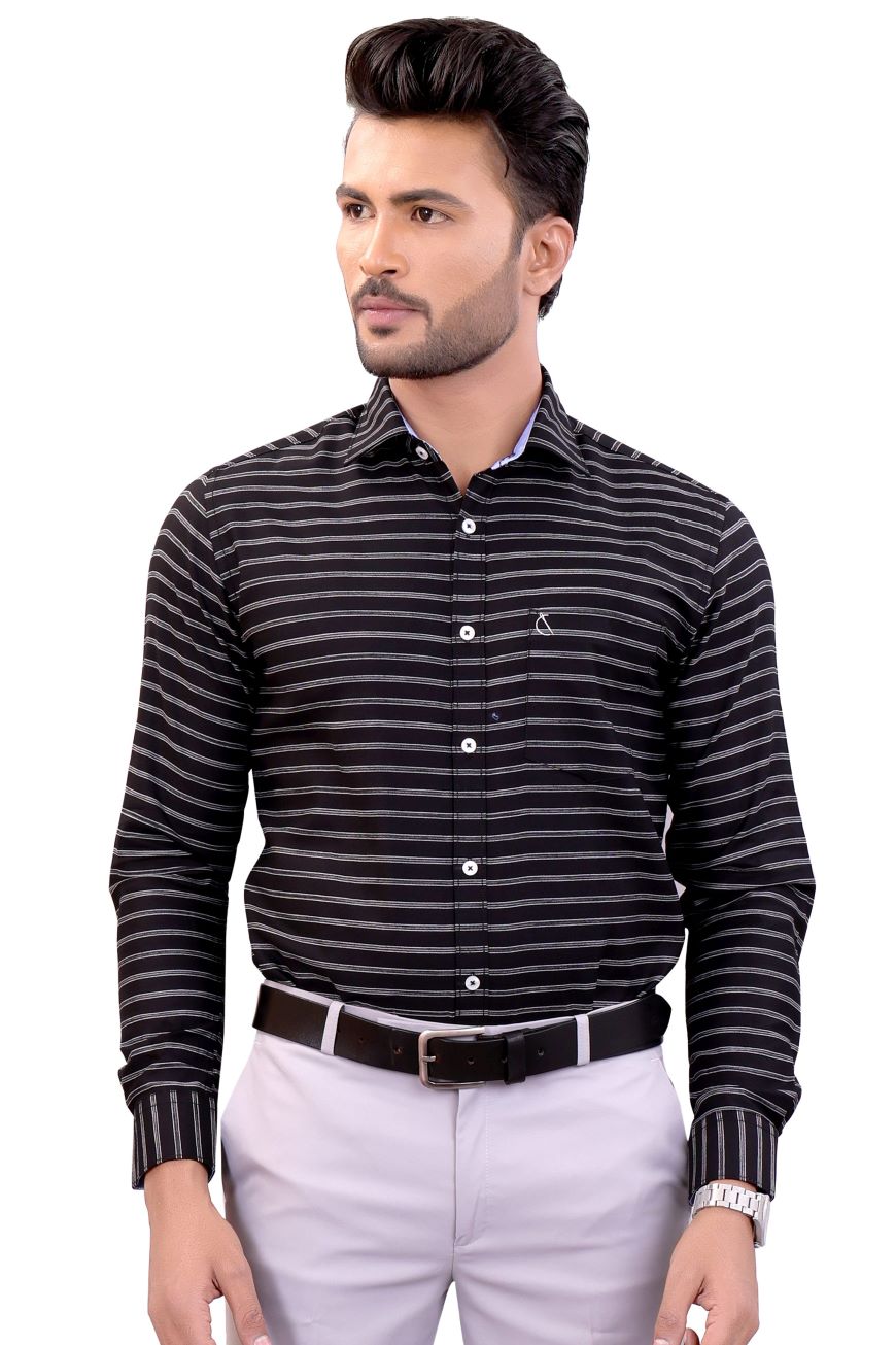 BLACK CROSS STRIPE SLIM FIT FULL SLEEVES SHIRT