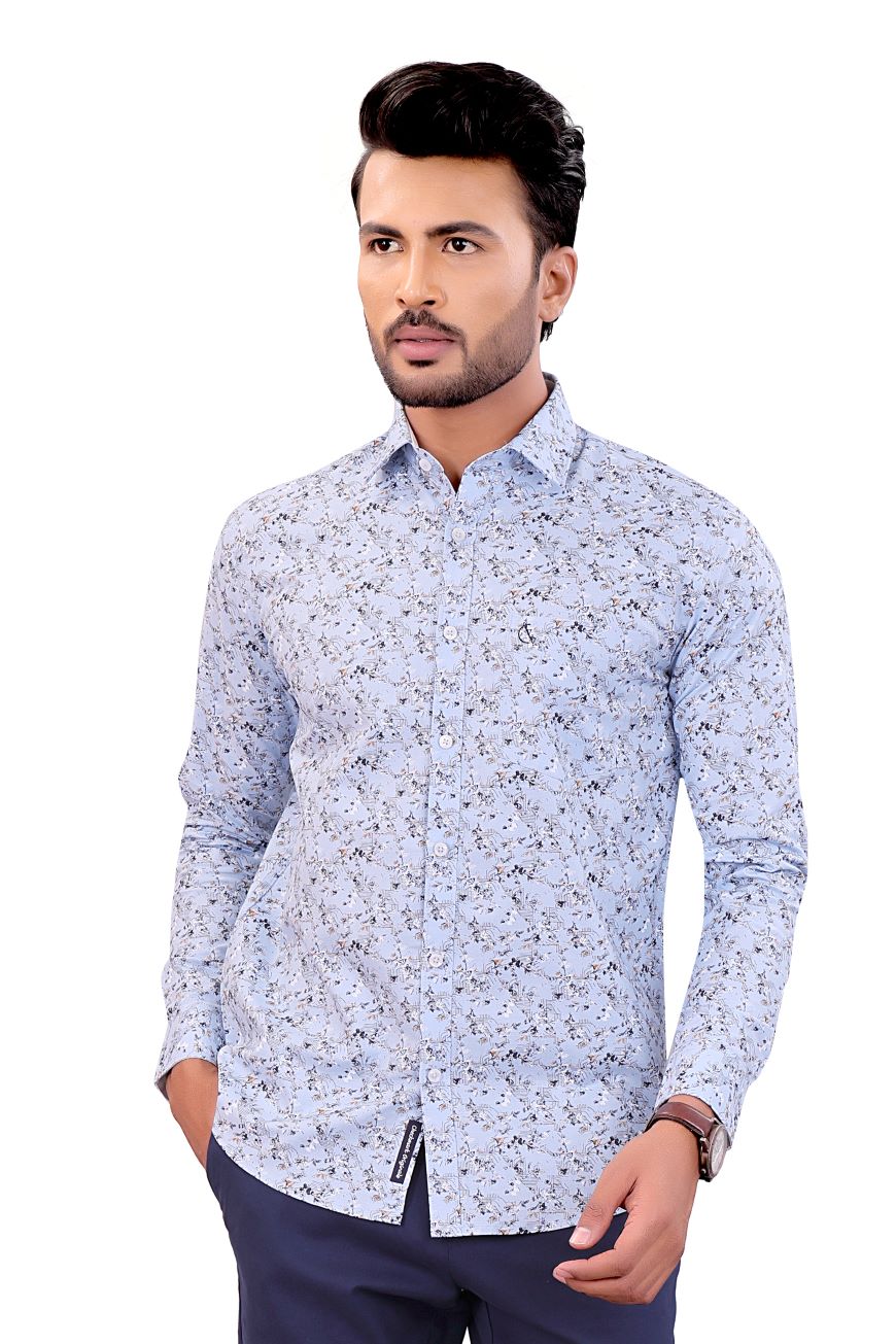 SKY BLUE LEAF PRINTED SLIM FIT FULL SLEEVES SHIRT