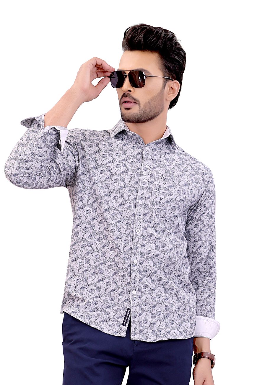 GREY LEAF PRINTED SLIM FIT FULL SLEEVES SHIRT