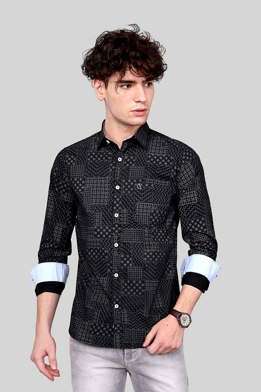 BLACK WHITE PRINTED SLIM FIT FULL SLEEVES SHIRT