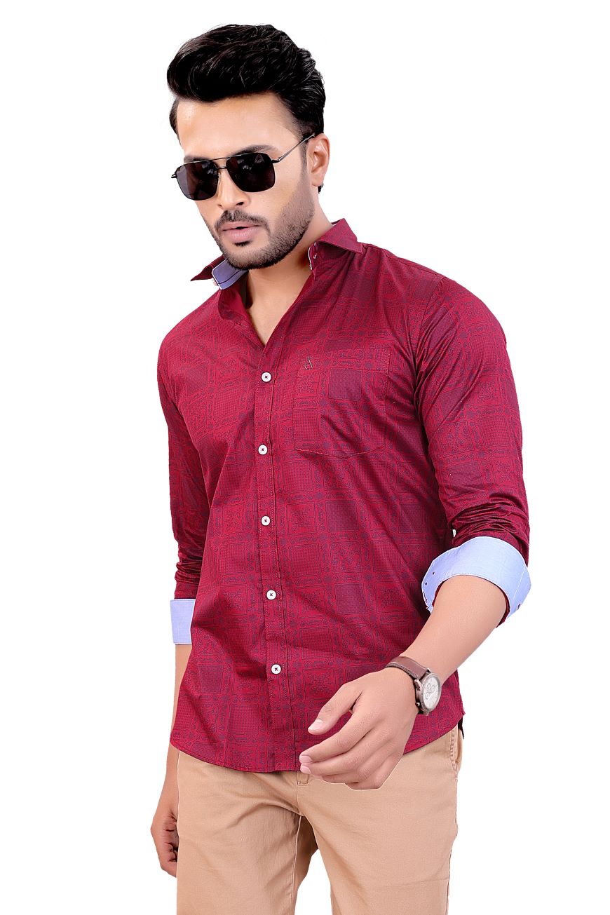 RED LEAF PRINTED SLIM FIT FULL SLEEVES SHIRT