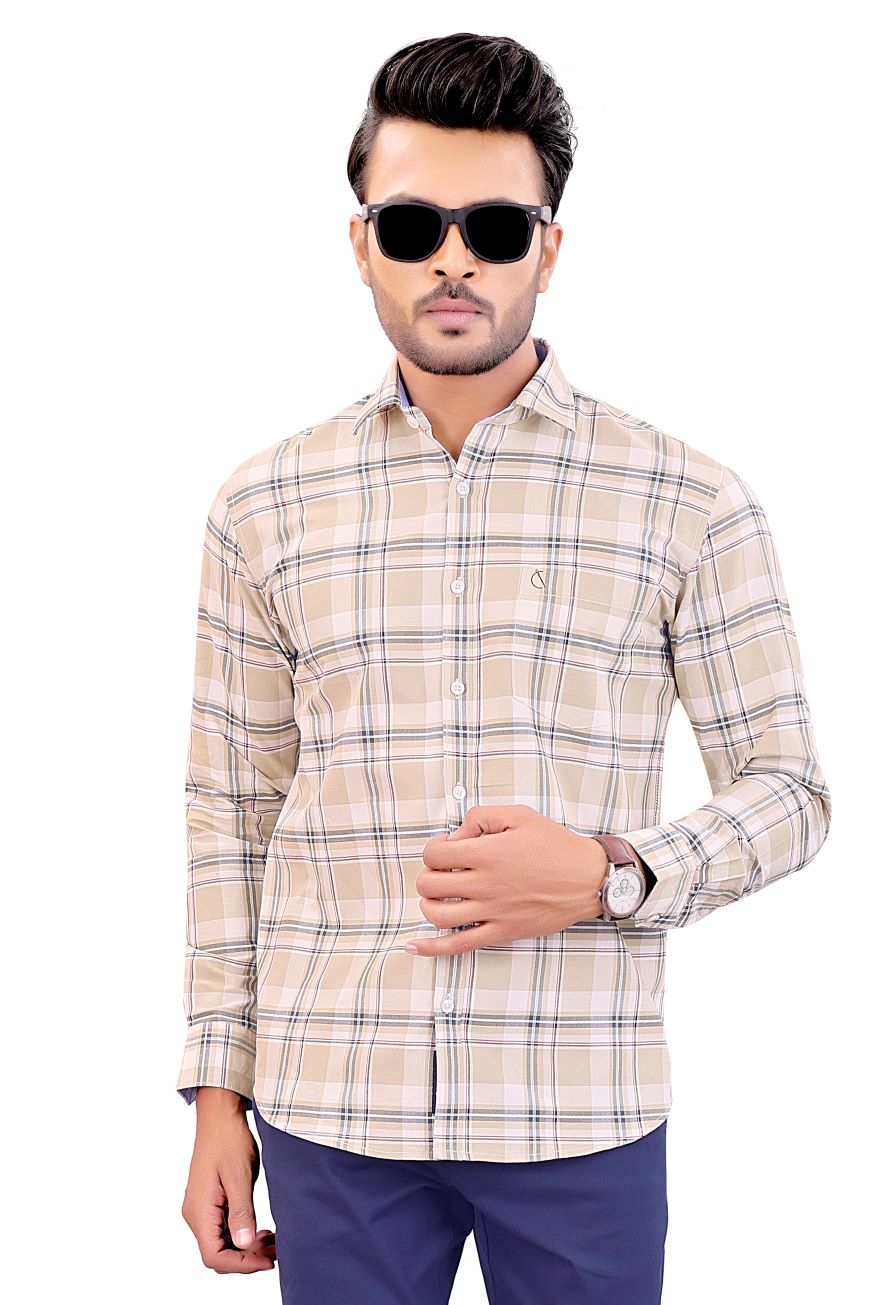 BEIGE SLIM FIT CHECKED FULL SLEEVES SHIRT