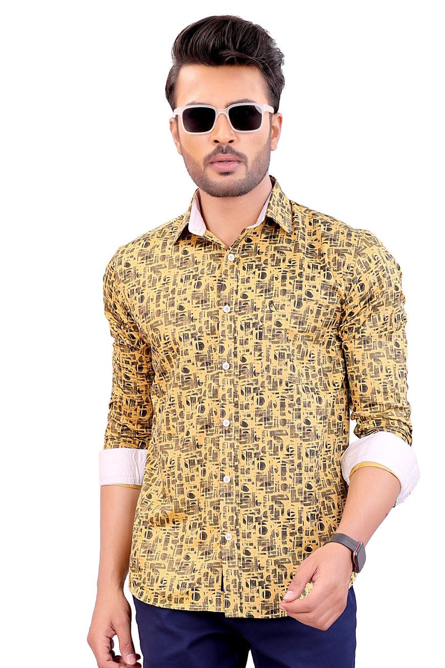 YELLOW PRINTED SLIM FIT FULL SLEEVES SHIRT