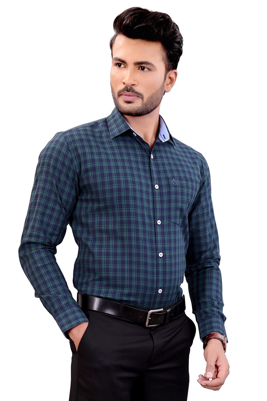 GREEN BLUE CHECKED SLIM FIT FULL SLEEVES SHIRT