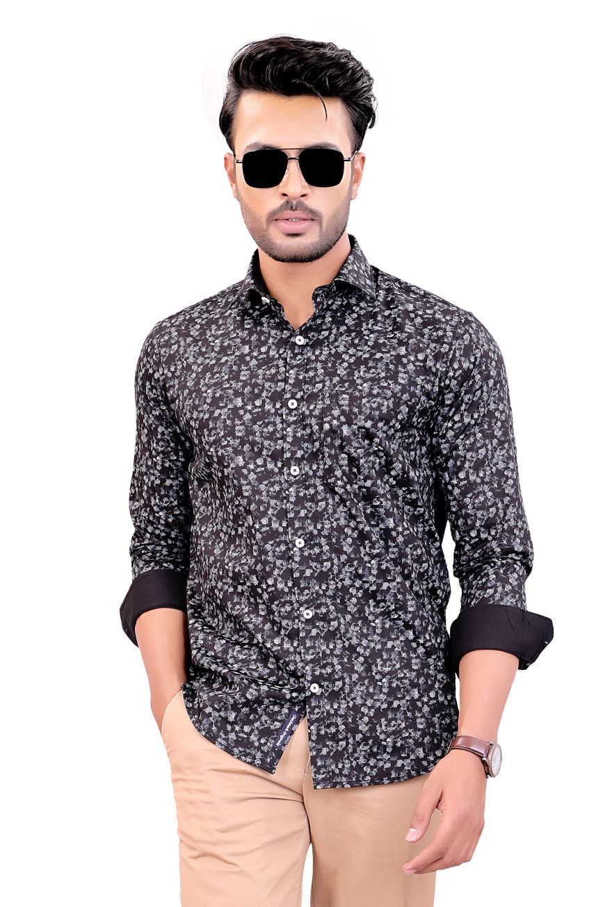 BLACK PRINTED SLIM FIT FULL SLEEVES SHIRT